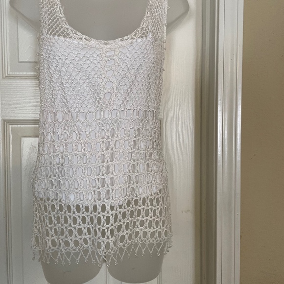 VINTAGE Vera Crutina White Sleeveless  knitted beaded Top, Size M, - Picture 3 of 8